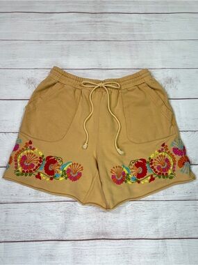 SISTER MARY Pablo Embroidered Shorts -  Medium - Mustard Yellow French Terry
